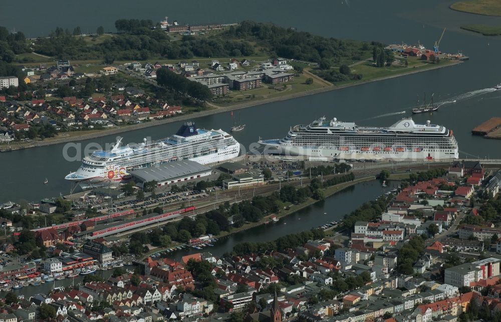 Rostock from above - Passenger ship Marina und NORWEGIAN SUN in Rostock, Warnemuende in the state Mecklenburg - Western Pomerania