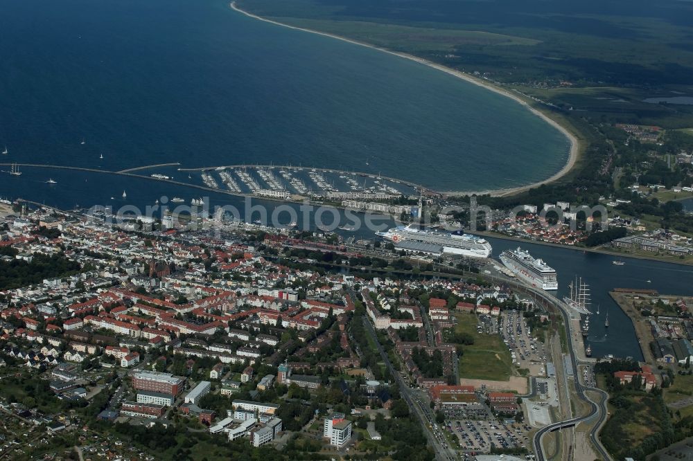 Rostock from above - Passenger ship Marina und NORWEGIAN SUN in Rostock, Warnemuende in the state Mecklenburg - Western Pomerania