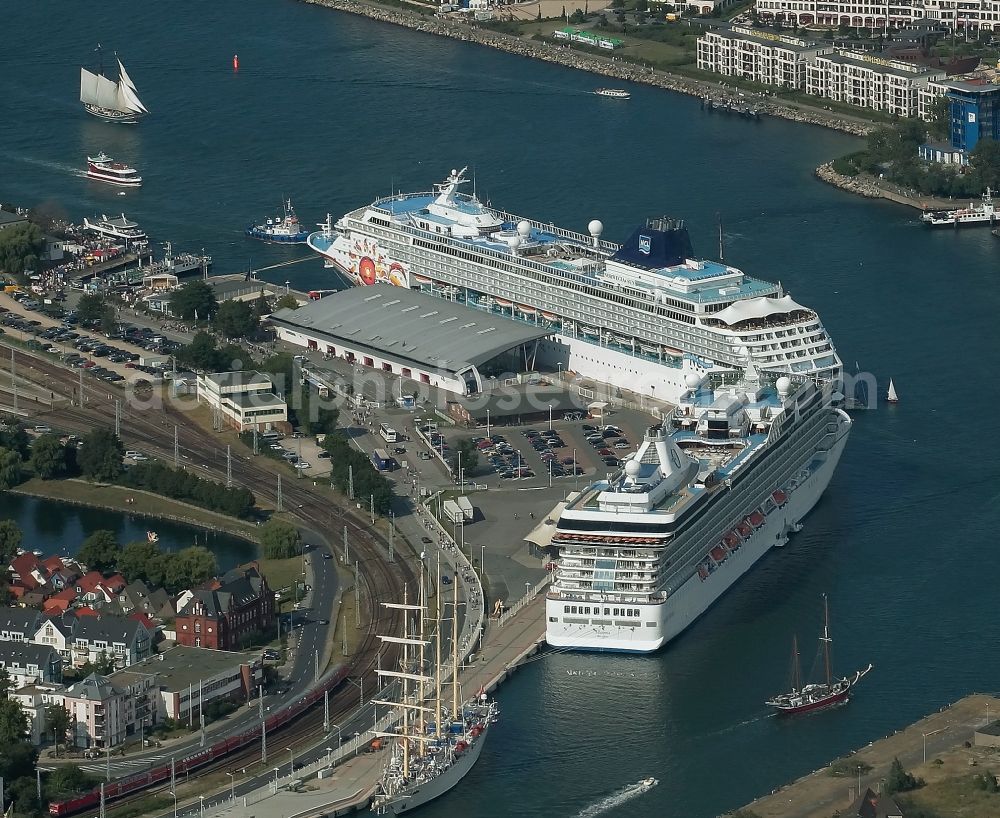 Rostock from above - Passenger ship Marina und NORWEGIAN SUN in Rostock, Warnemuende in the state Mecklenburg - Western Pomerania