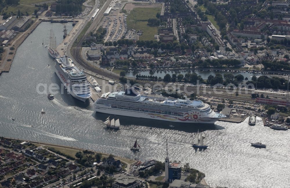 Rostock from above - Passenger ship Marina und NORWEGIAN SUN in Rostock, Warnemuende in the state Mecklenburg - Western Pomerania