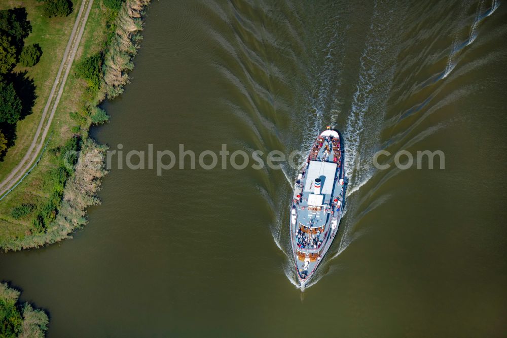 Aerial image Gribbohm - Passenger ship Raddampfer Freya on canal Nord-Ostsee-Kanal in Gribbohm in the state Schleswig-Holstein, Germany