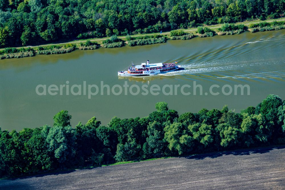 Aerial image Gribbohm - Passenger ship Raddampfer Freya on canal Nord-Ostsee-Kanal in Gribbohm in the state Schleswig-Holstein, Germany