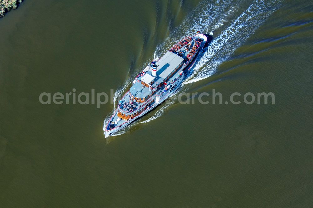 Aerial photograph Gribbohm - Passenger ship Raddampfer Freya on canal Nord-Ostsee-Kanal in Gribbohm in the state Schleswig-Holstein, Germany