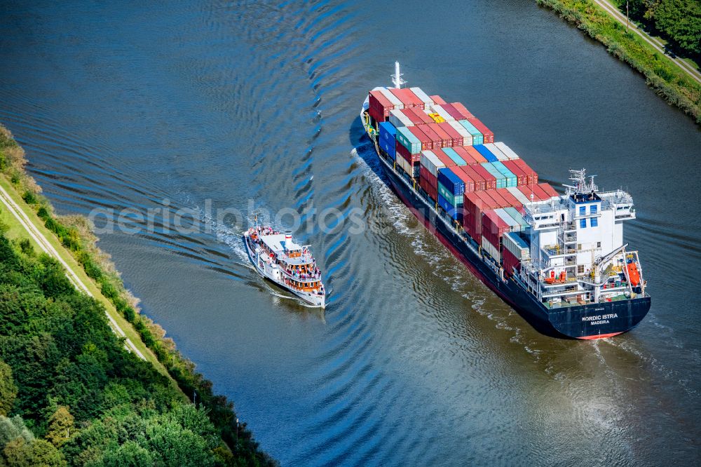 Aerial photograph Gribbohm - Passenger ship Raddampfer Freya on canal Nord-Ostsee-Kanal in Gribbohm in the state Schleswig-Holstein, Germany