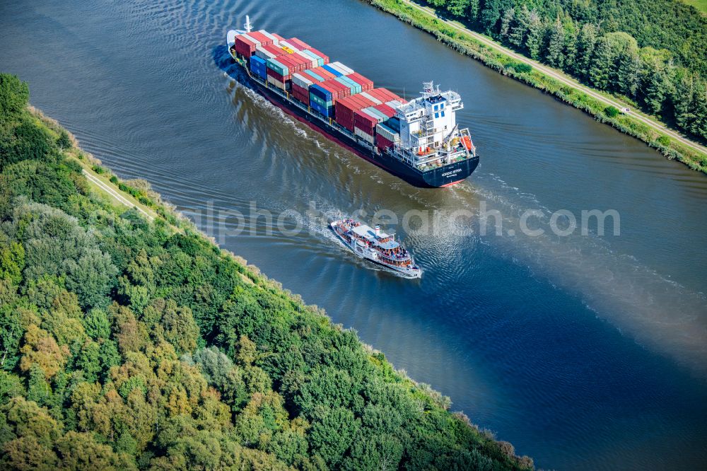 Gribbohm from above - Passenger ship Raddampfer Freya on canal Nord-Ostsee-Kanal in Gribbohm in the state Schleswig-Holstein, Germany