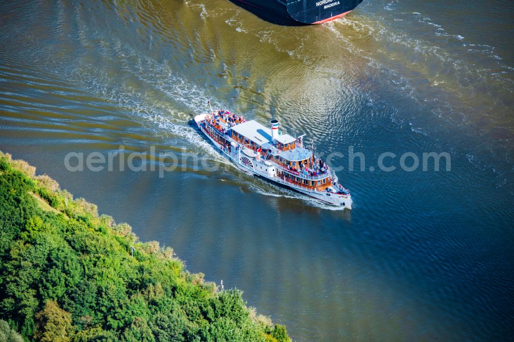 Gribbohm from the bird's eye view: Passenger ship Raddampfer Freya on canal Nord-Ostsee-Kanal in Gribbohm in the state Schleswig-Holstein, Germany