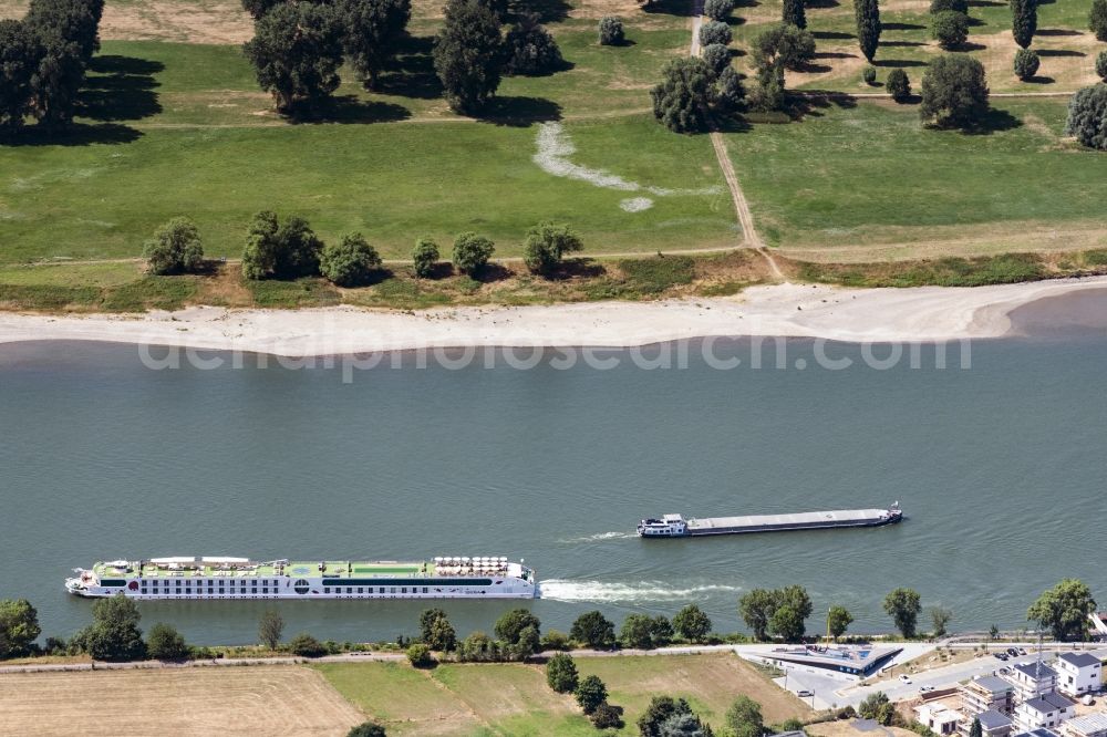 Monheim am Rhein from above - Passenger ship on Rhein in Monheim am Rhein in the state North Rhine-Westphalia, Germany