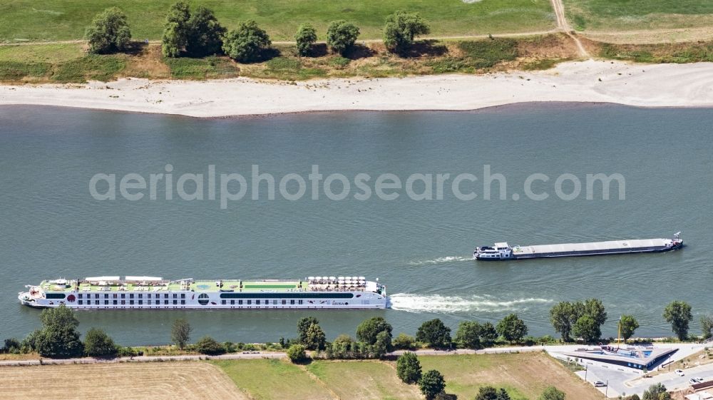 Monheim am Rhein from the bird's eye view: Passenger ship on Rhein in Monheim am Rhein in the state North Rhine-Westphalia, Germany