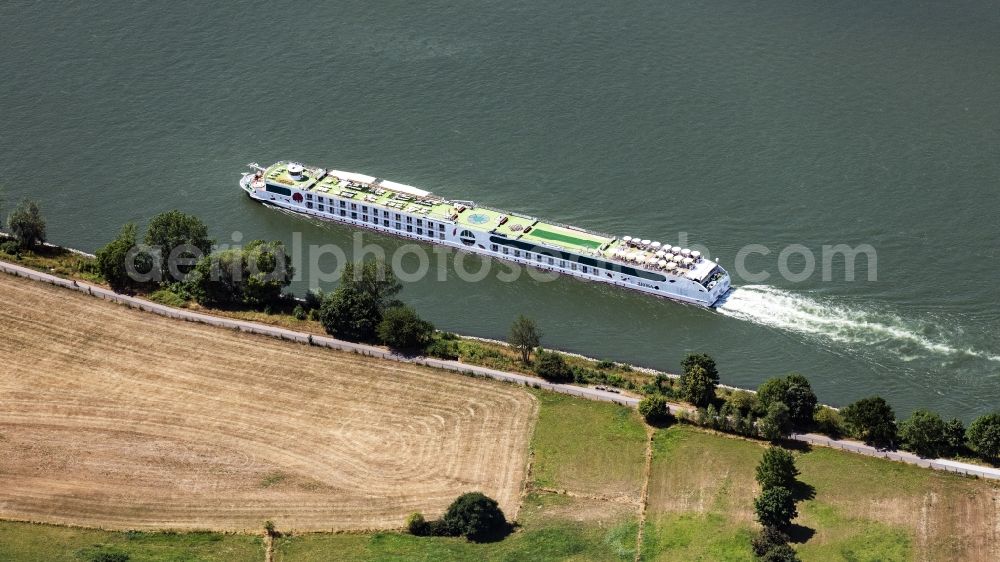 Aerial image Monheim am Rhein - Passenger ship on Rhein in Monheim am Rhein in the state North Rhine-Westphalia, Germany