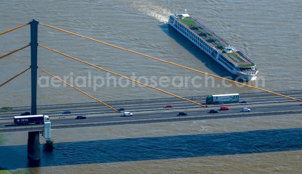 Duisburg from above - Passenger ship on the Rhine bridge in Duisburg in the state North Rhine-Westphalia