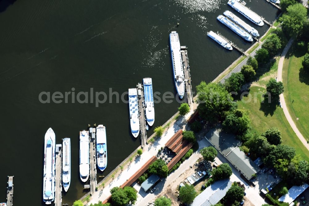 Berlin from above - Passenger and passenger ship of the star and circle navigation GmbH at the port Puschkinallee Treptow in Berlin