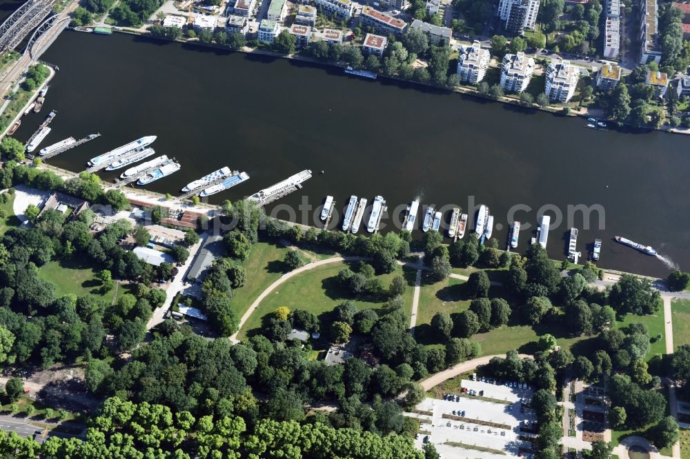 Aerial image Berlin - Passenger and passenger ship of the star and circle navigation GmbH at the port Puschkinallee Treptow in Berlin