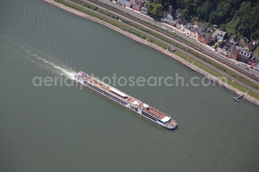 Aerial image Koblenz - Passenger ship of Viking Enterprise on the Rhine river in Koblenz in the state Rhineland-Palatinate, Germany