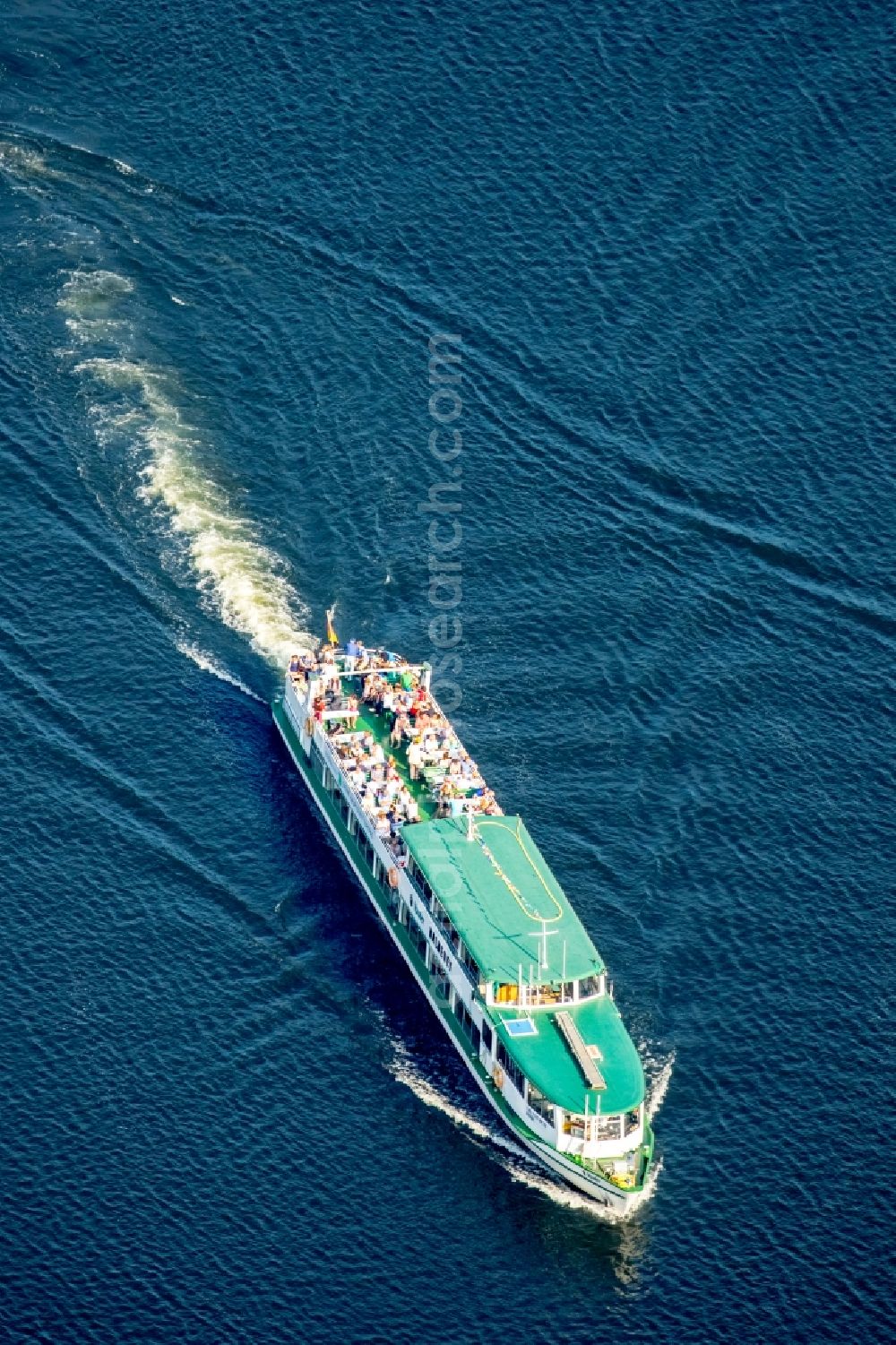 Essen from above - Passenger ship white fleet on lake Baldeny in Essen in the state North Rhine-Westphalia