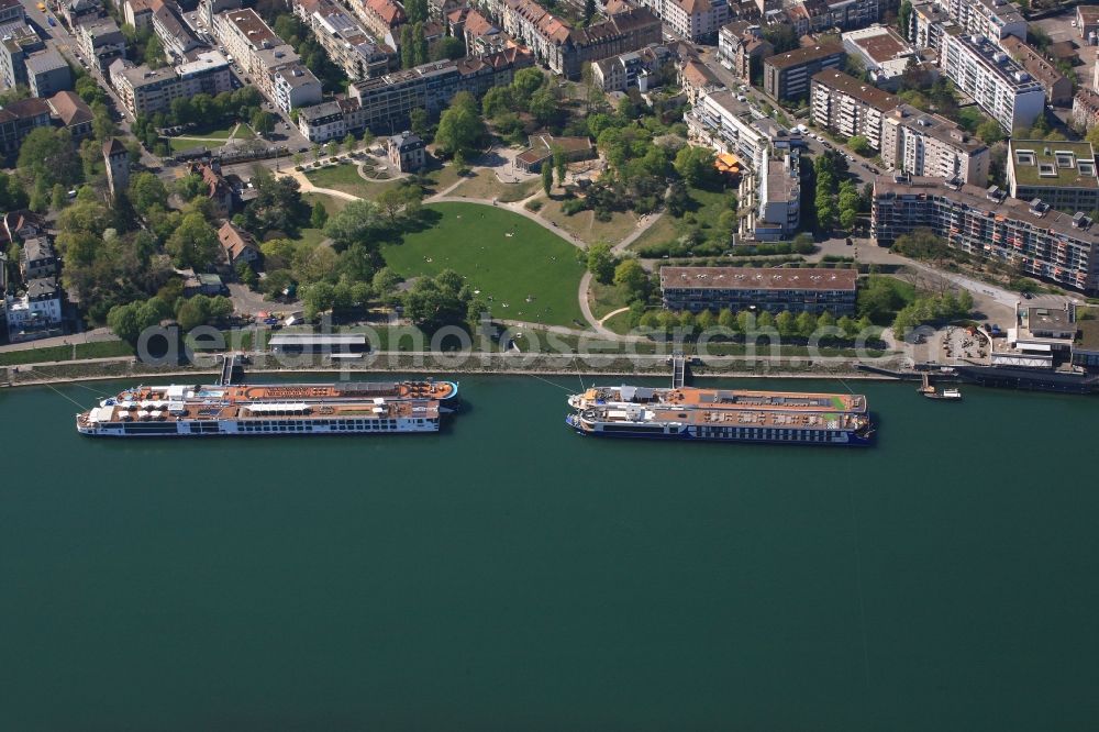 Basel from the bird's eye view: Passenger ship at the passenger terminal St. Johanns Park at the river Rhine in Basel, Switzerland