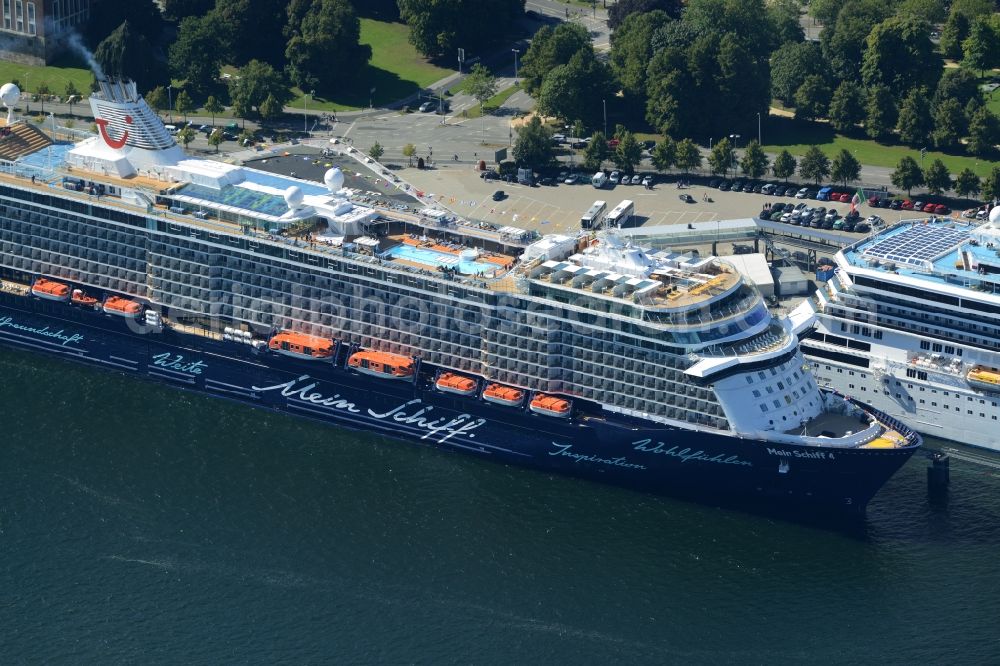 Kiel from above - Passenger and cruise ship Mein Schiff 4 of TUI Cruises in Kiel in the state of Schleswig-Holstein