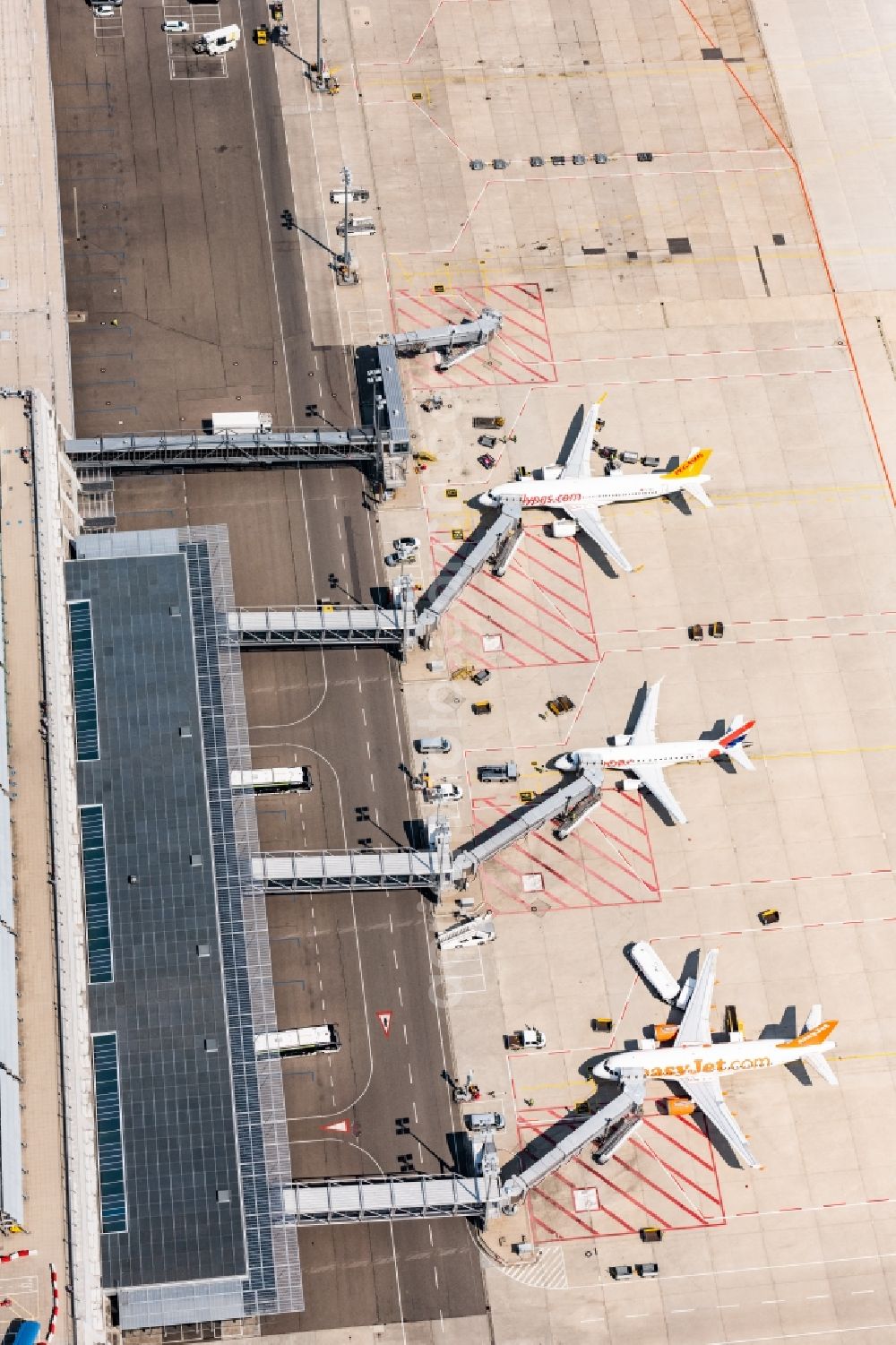 Aerial image Stuttgart - Passenger airplane in parking position - parking area at the airport in Stuttgart in the state Baden-Wurttemberg, Germany