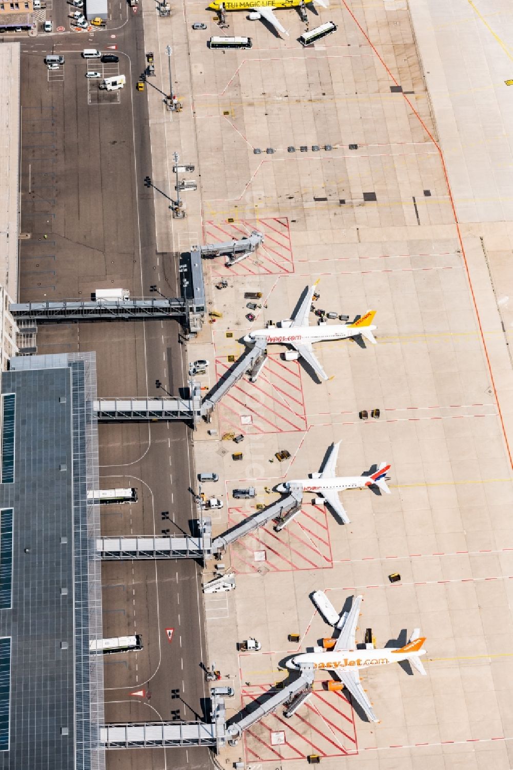 Aerial photograph Stuttgart - Passenger airplane in parking position - parking area at the airport in Stuttgart in the state Baden-Wurttemberg, Germany