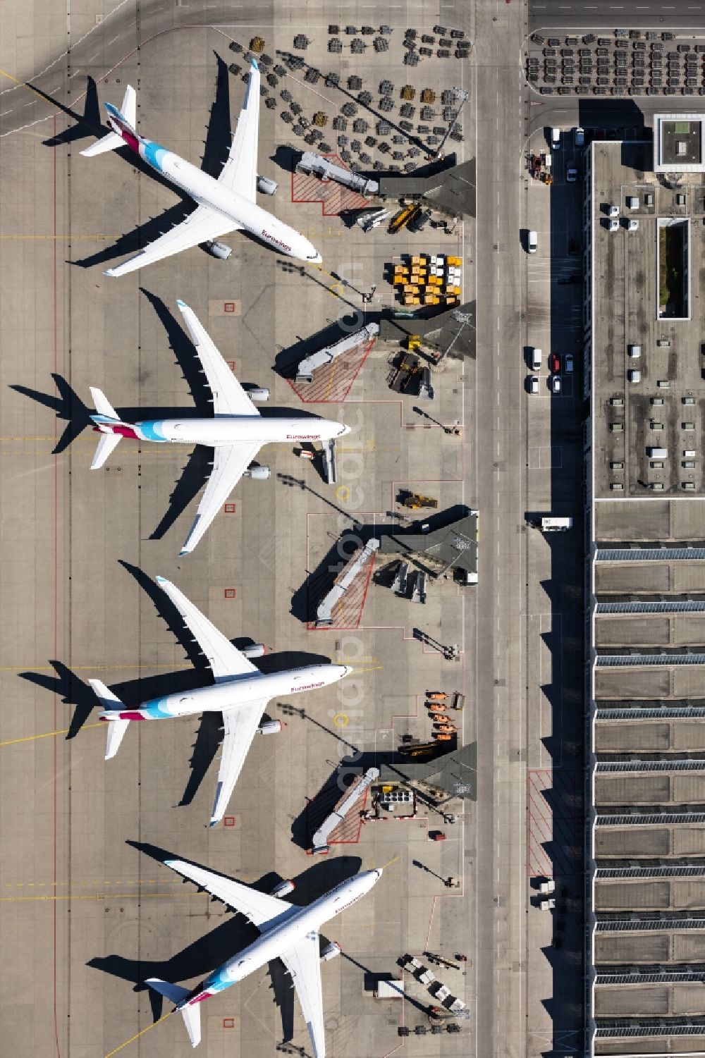 München-Flughafen from above - Passenger airplane of Eurowings Langstreckenflotte in parking position - parking area at the airport in Muenchen-Flughafen in the state Bavaria, Germany