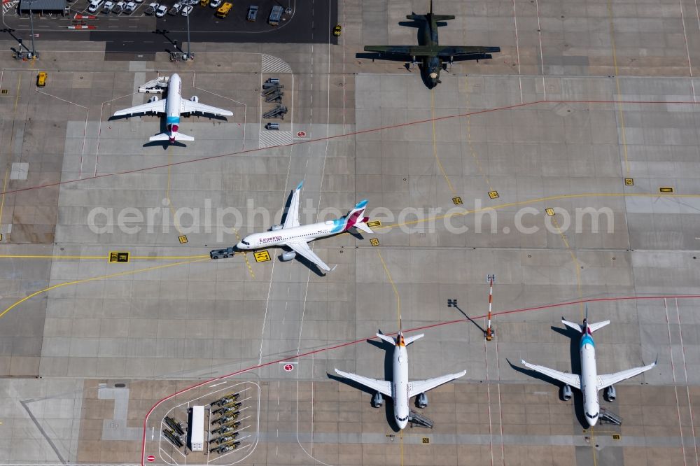 Filderstadt from above - Passenger airplanes in parking position - parking area at the airport in Stuttgart in the state Baden-Wuerttemberg, Germany