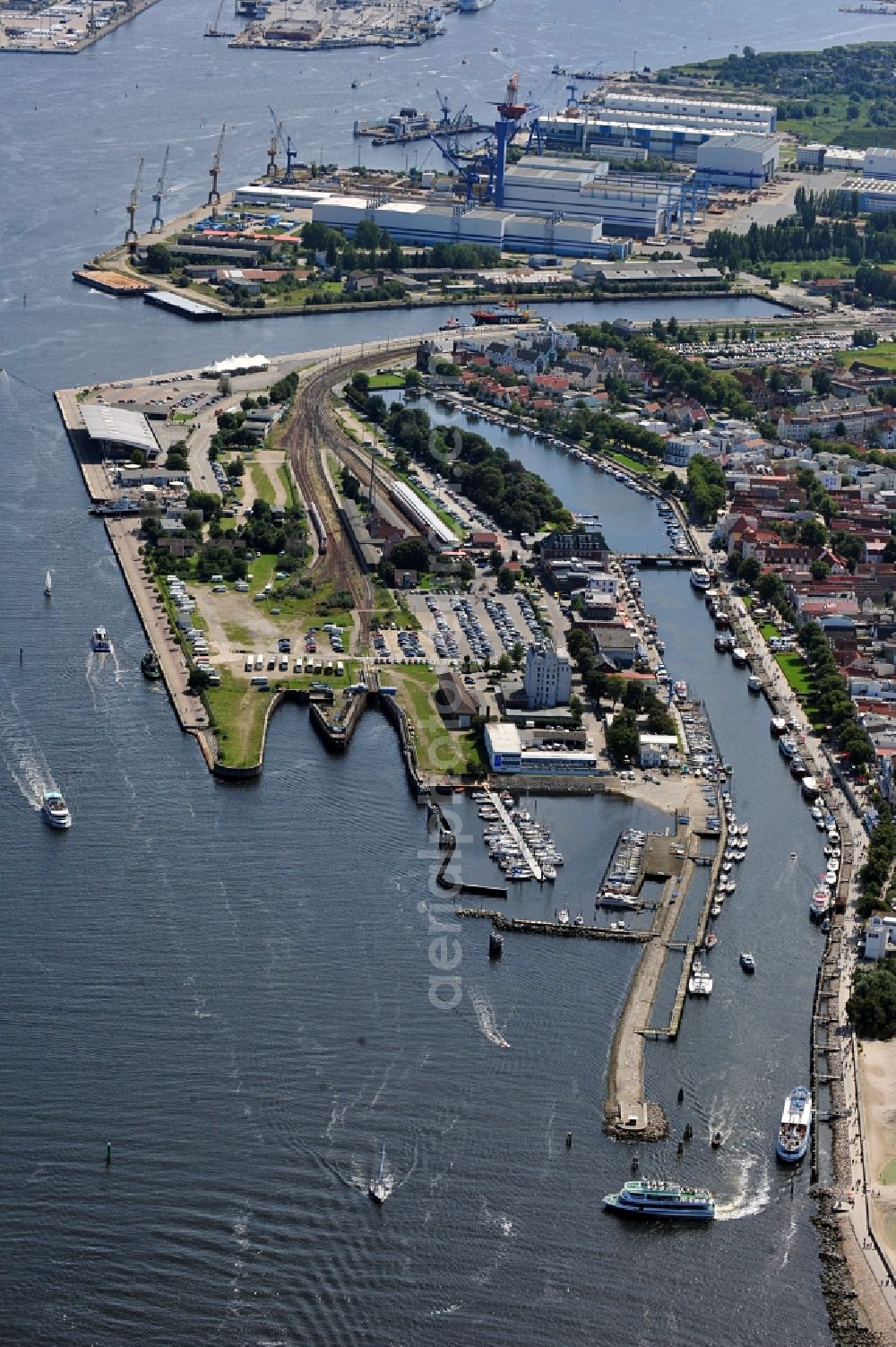 Rostock / Warnemünde from above - Passanger quay and train station in the Cruise Center Warnemünde in Mecklenburg Western Pomerania