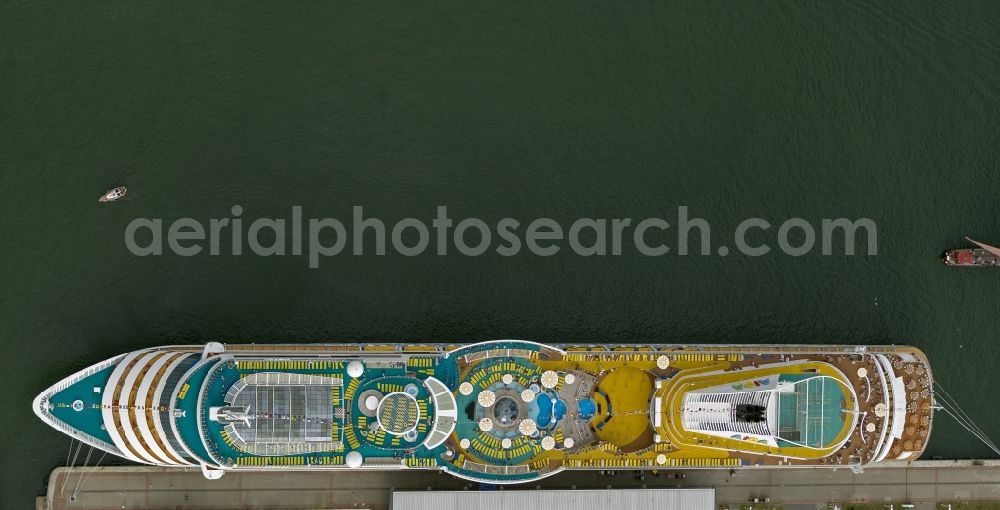 Rostock / Warnemünde from above - Passenger ship AIDAblu, a cruise ship of AIDA Cruises in the port of Warnemünde, Rostock in Mecklenburg-Vorpommern. The ship was built in 2008 by Meyer Werft