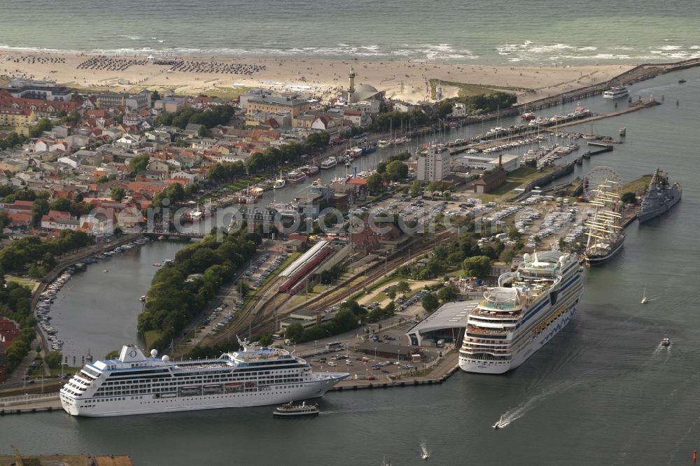 Rostock / Warnemünde from the bird's eye view: Passenger ship AIDAblu, a cruise ship of AIDA Cruises in the port of Warnemünde, Rostock in Mecklenburg-Vorpommern. The ship was built in 2008 by Meyer Werft