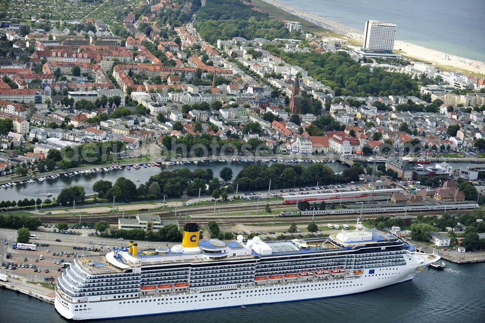 Rostock - Warnemünde from the bird's eye view: Blick auf den Kreuzfahrt - Hafen in Warnemünde mit dem Passagierschiff COSTA ATLANTICA . Die Costa Atlantica ist ein Kreuzfahrtschiff der Reederei Costa Crociere. Das Einsatzgebiet des 290m langen Luxusliners ist im Sommer das Nordland und die Ostsee. View of the Cruise - Port of Rostock - Warnemünde with the passenger ship COSTA ATLANTICA. The Costa Atlantica is a cruise ship for Costa Crociere.