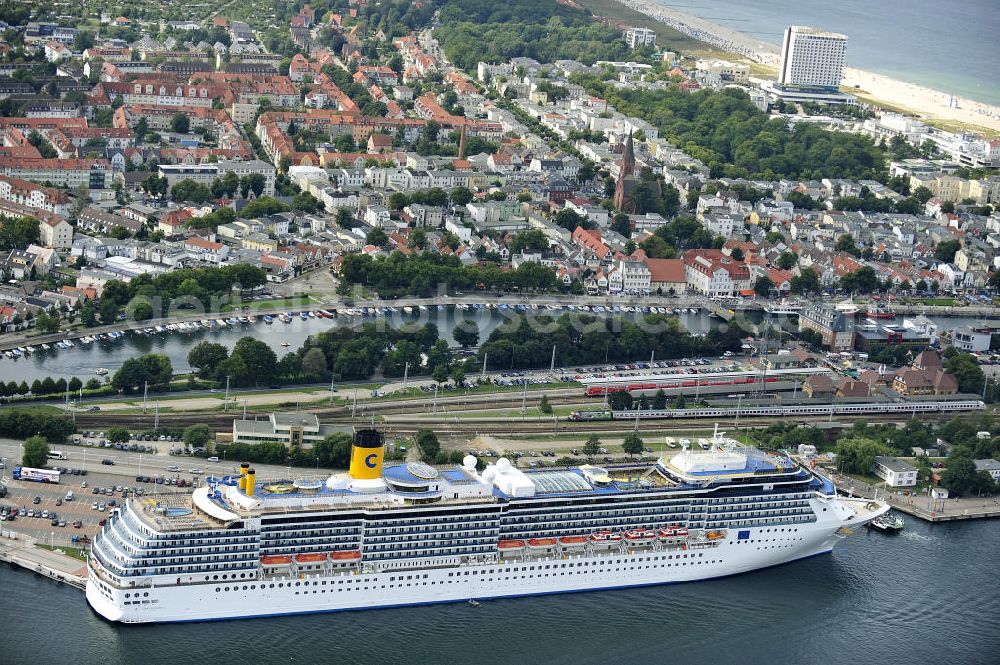 Aerial image Rostock - Warnemünde - Blick auf den Kreuzfahrt - Hafen in Warnemünde mit dem Passagierschiff COSTA ATLANTICA . Die Costa Atlantica ist ein Kreuzfahrtschiff der Reederei Costa Crociere. Das Einsatzgebiet des 290m langen Luxusliners ist im Sommer das Nordland und die Ostsee. View of the Cruise - Port of Rostock - Warnemünde with the passenger ship COSTA ATLANTICA. The Costa Atlantica is a cruise ship for Costa Crociere.