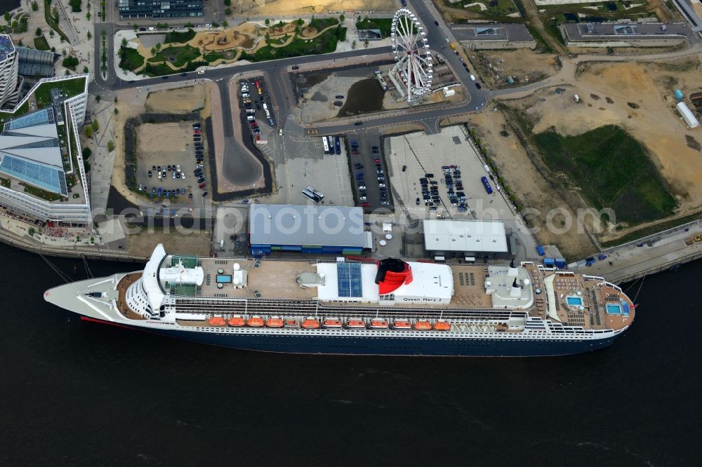 Aerial image Hamburg - Passenger ship and luxury liner Queen Mary 2 on Chicagokai - Strandkai in Hamburg