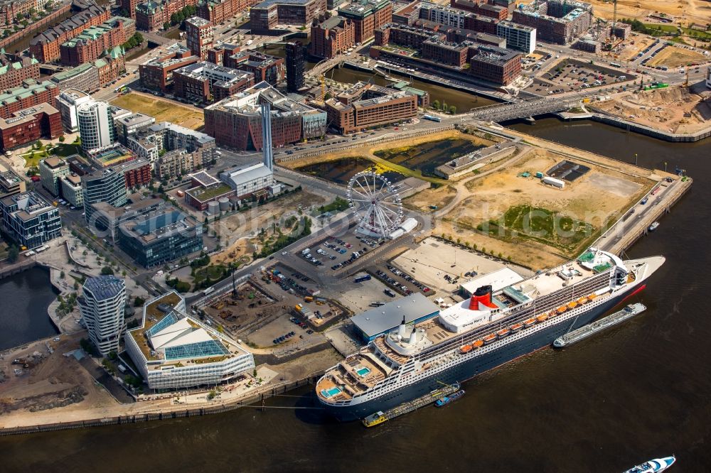 Aerial image Hamburg - Passenger ship and luxury liner Queen Mary 2 on Chicagokai - Strandkai in Hamburg