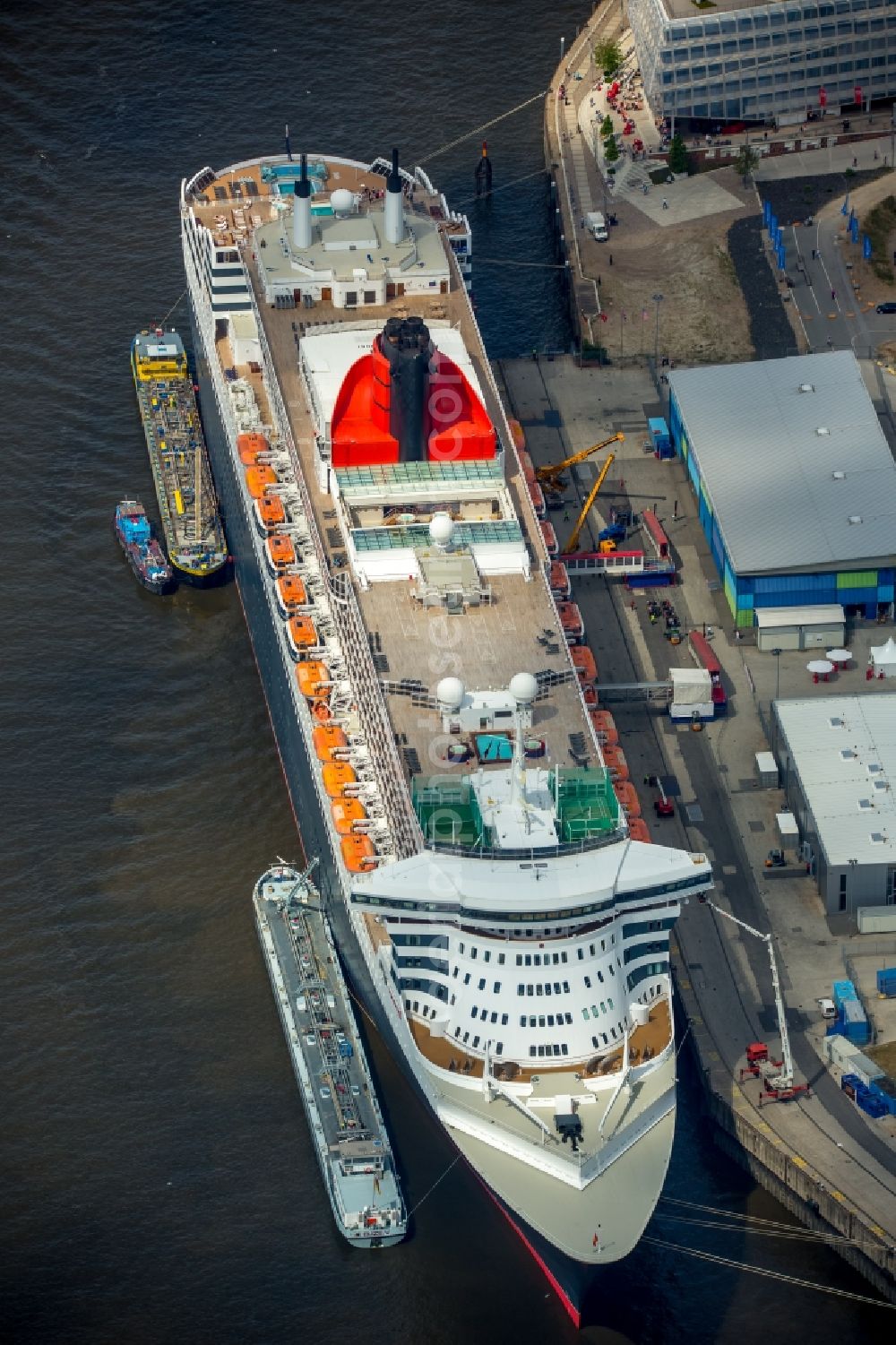 Hamburg from above - Passenger ship and luxury liner Queen Mary 2 on Chicagokai - Strandkai in Hamburg