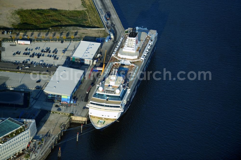 Aerial photograph Hamburg - Passenger ship Mein Schiff 2 owned by TUI Cruises on Cruise Terminal on the banks of the Elbe in Hamburg