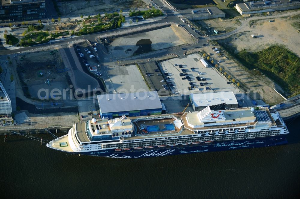 Hamburg from above - Passenger ship Mein Schiff 2 owned by TUI Cruises on Cruise Terminal on the banks of the Elbe in Hamburg