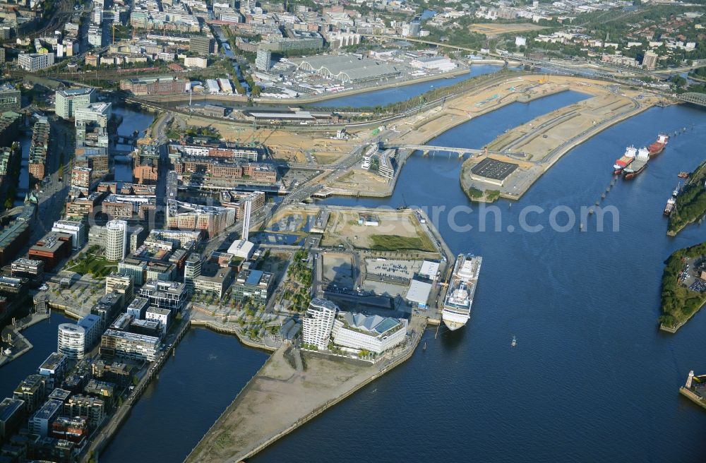 Hamburg from above - Passenger ship Mein Schiff 2 owned by TUI Cruises on Cruise Terminal on the banks of the Elbe in Hamburg