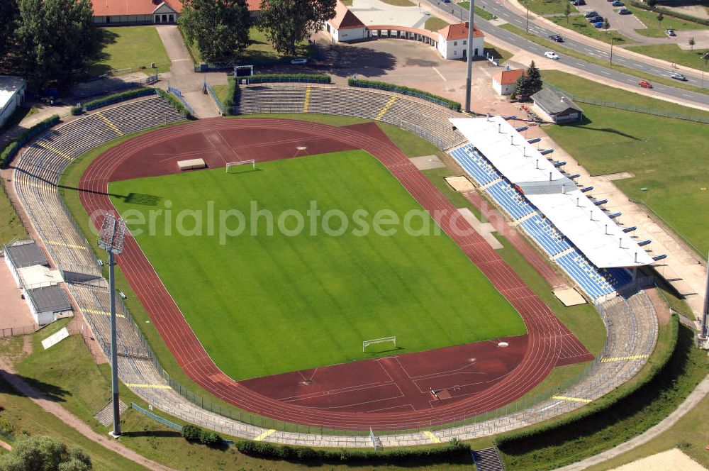 Dessau-Roßlau from the bird's eye view: Blick auf das Paul-Greifzu-Stadion. Eigentümer des Stadions mit einer Kapazität von 20.000 Plätzen, ist die Stadt Dessau-Roßlau. Das Stadion ist Heimstätte der Vereine SV Dessau 05 und LAC Dessau. Kontakt: Tel. +49(0)340 8822020, Email: info@lac-dessau.de