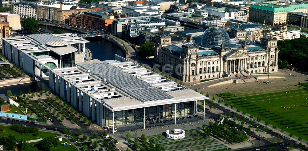 Aerial image Berlin - Paul Loebe House with the Reichstag in Berlin. The Paul Loebe Building is a functional building in the modern architectural style of the German Bundestag in Berlin's government district