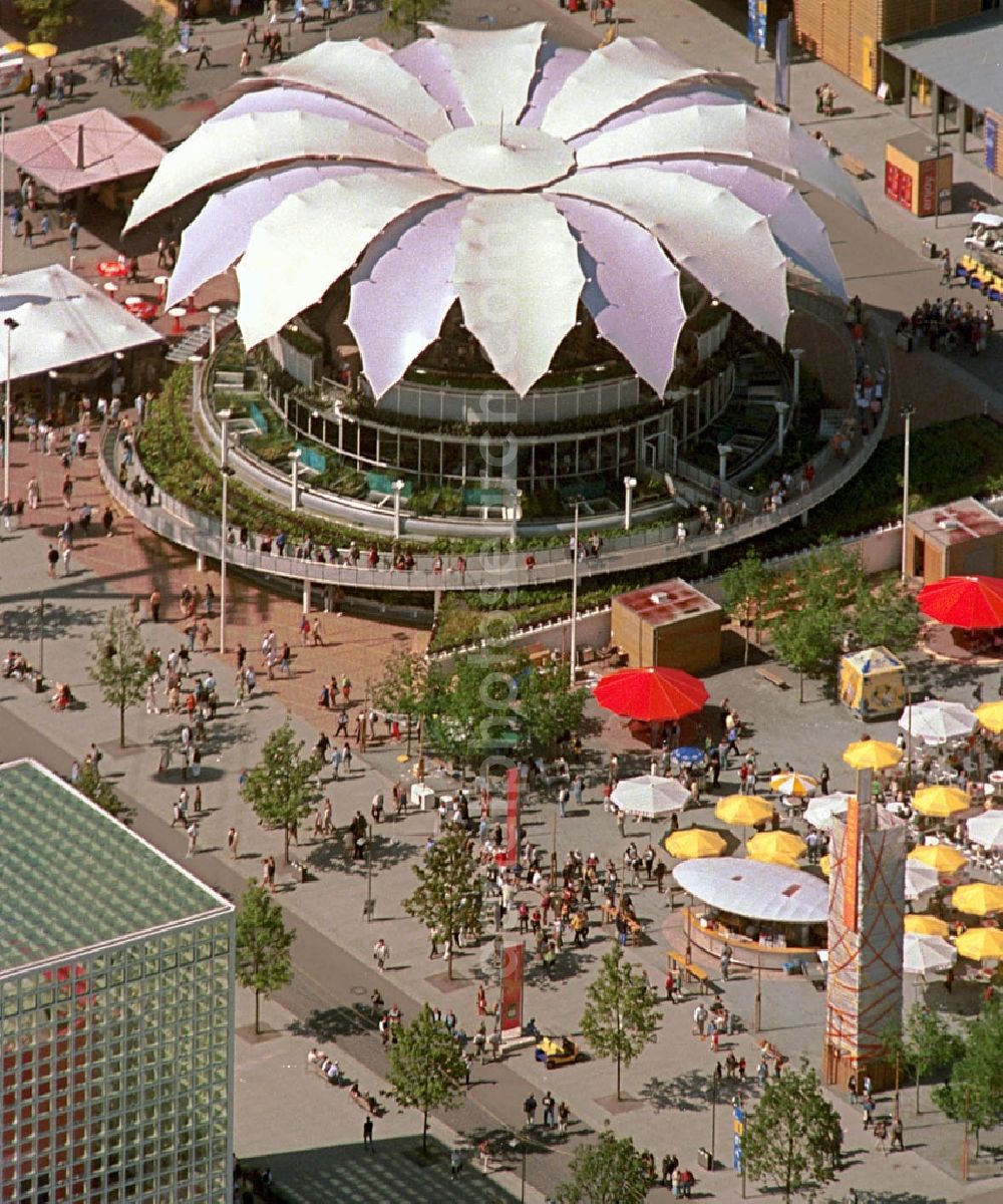 Hannover from the bird's eye view: Pavilion on the exhibition grounds of the World Expo 2000 in the open area at the Kaiserhof in Hannover in Lower Saxony