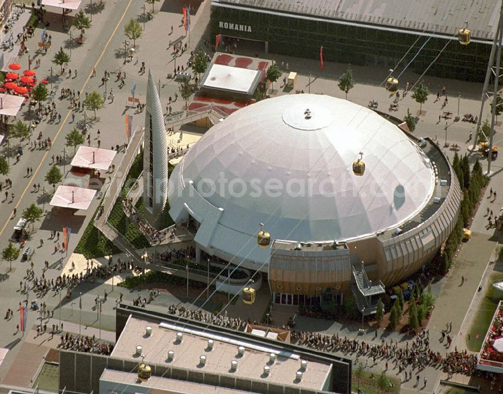 Hannover from above - Pavilion on the exhibition grounds of the World Expo 2000 in the open area at the Kaiserhof in Hannover in Lower Saxony