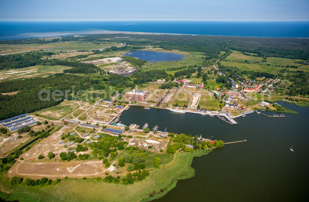 Aerial image Peenemünde - Industrial monument and museum of technical systems and models on the grounds of the Historisch-Technisches Museum Peenemuende on the harbor basin of the Peene river in Peenemuende on the island of Usedom in the state Mecklenburg - Western Pomerania, Germany