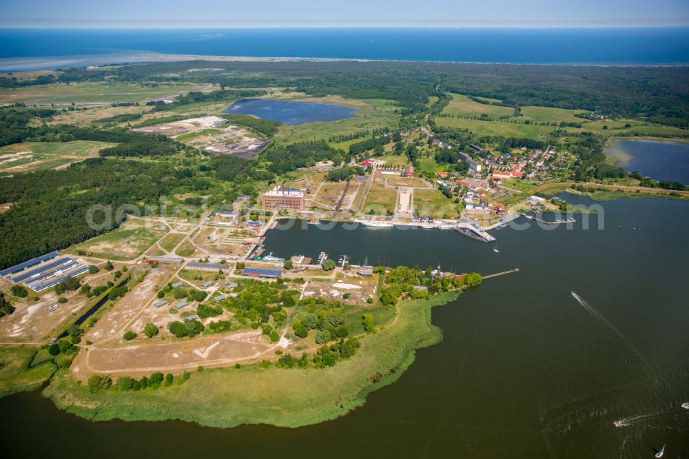 Peenemünde from above - Industrial monument and museum of technical systems and models on the grounds of the Historisch-Technisches Museum Peenemuende on the harbor basin of the Peene river in Peenemuende on the island of Usedom in the state Mecklenburg - Western Pomerania, Germany