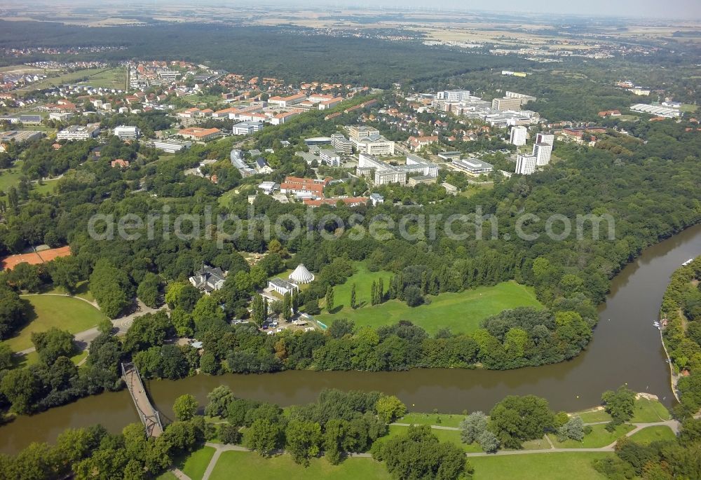 Aerial image Halle (Saale) - The Peissnitz island in Halle (Saale) in Saxony-Anhalt is an island which is skirted by the river Saale and the Wild Saale. From the Ziegelwiese to get over the Peissnitz bridge to the island with the historic tourist restaurant Peissnitzhaus and the Planetarium Sigmund Jaehn. In the background the vineyard campus of the Martin-Luther-University Halle with the Max Planck Institute of Microstructure Physics, the Leibniz Institute of Plant Biochemistry, the Geological Garden Halle and the University Hospital Halle is seen. The Doehlauer Heath, an urban forest, forms the natural border of the university town in the northeast