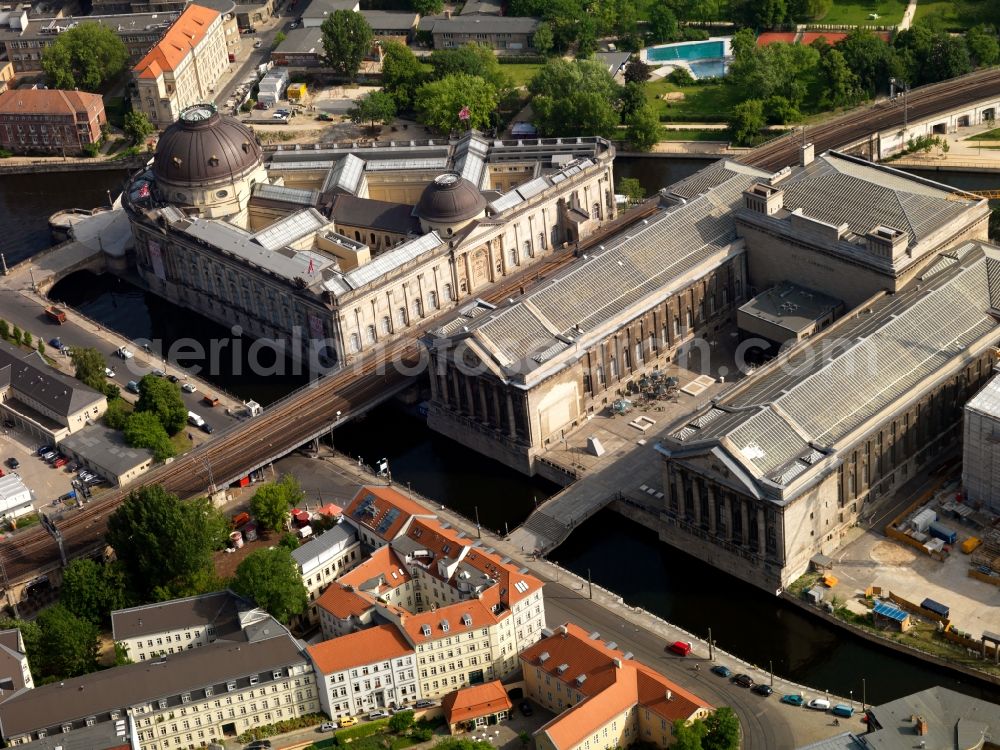 Aerial image Berlin - Museum Island with the Bode Museum, the Pergamon Museum, the Old National Gallery, the Colonnades and the New Museum. The complex is a World Heritage site by UNESCO