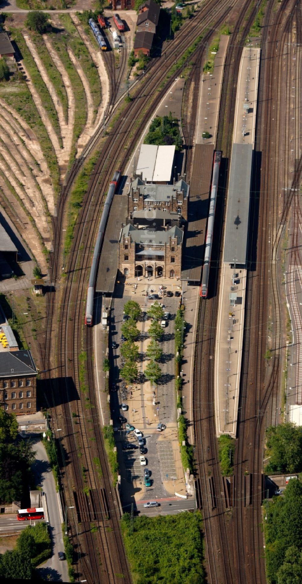 Aerial image Minden - Historic train station Minden (Westphalia) in Minden in North Rhine-Westphalia