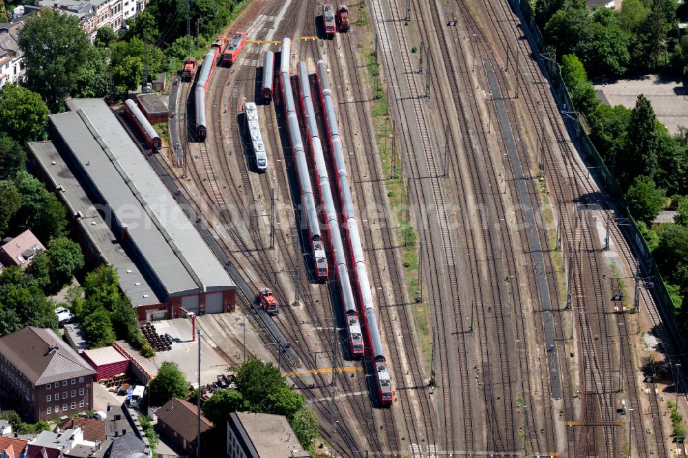 Aerial image Bremen - Regional passenger trains on the sidings of the marshalling yard in Bremen, Germany