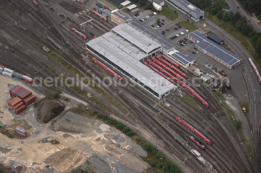 Aerial photograph Hof - Regional passenger trains on the sidings of the marshalling yard in Hof in the state Bavaria, Germany