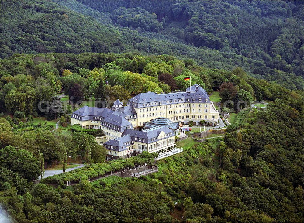 Königswinter from above - Der Petersberg bei Königswinter, Nordrhein-Westfalen, gehört zum Siebengebirge. Auf ihm befindet sich das Grandhotel Steigenberger. Früher war es der Sitz der Alliierten Hohen Kommission. Heuter dient es unter an derem als Gästehaus der Bundesrepublik Deutschland. The Petersberg close to Koenigswinter belongs to the Siebengebirge in North Rhine-Westphalia. The Grandhotel Steigenberger is located on the mountain top and used as the guesthouse of the federal republic of Germany. It used to be the seat of the Aliied High commission.