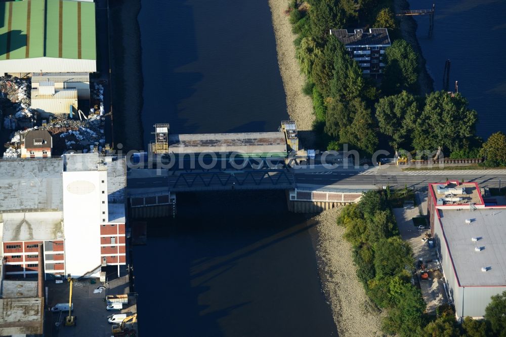 Aerial image Hamburg - Peute bridge and Peute canel barrage in Hamburg-Mitte / Veddel. A project of the Hamburg Port Authority HPA