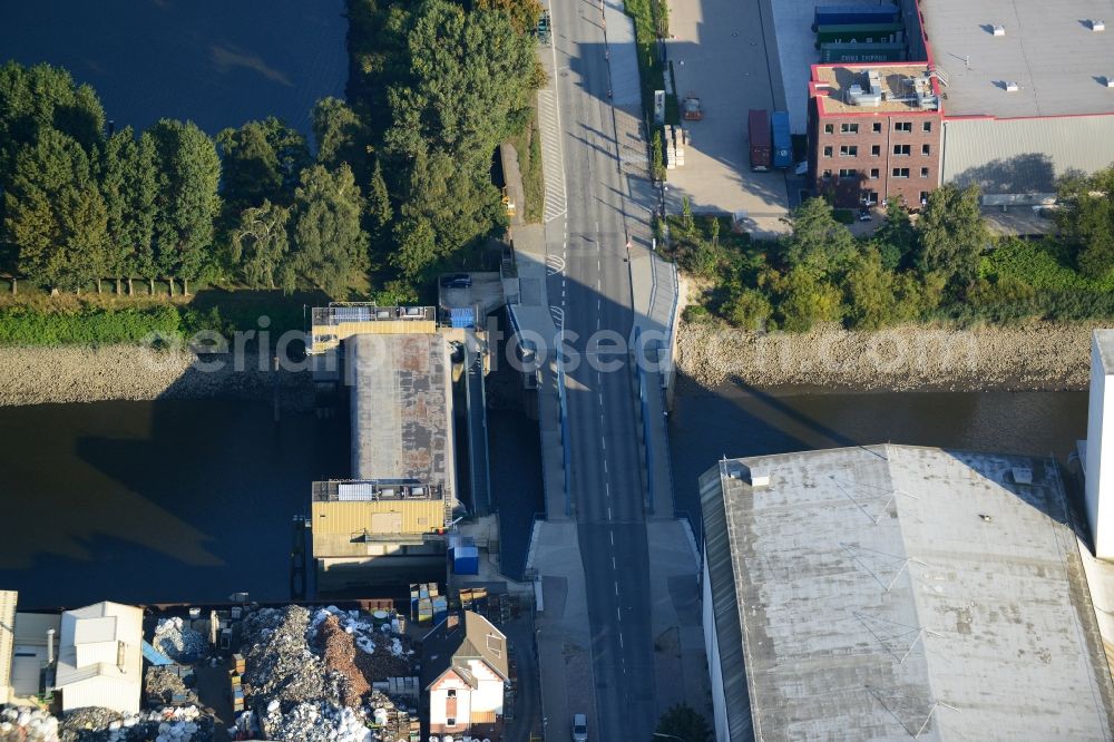 Hamburg from above - Peute bridge and Peute canel barrage in Hamburg-Mitte / Veddel. A project of the Hamburg Port Authority HPA