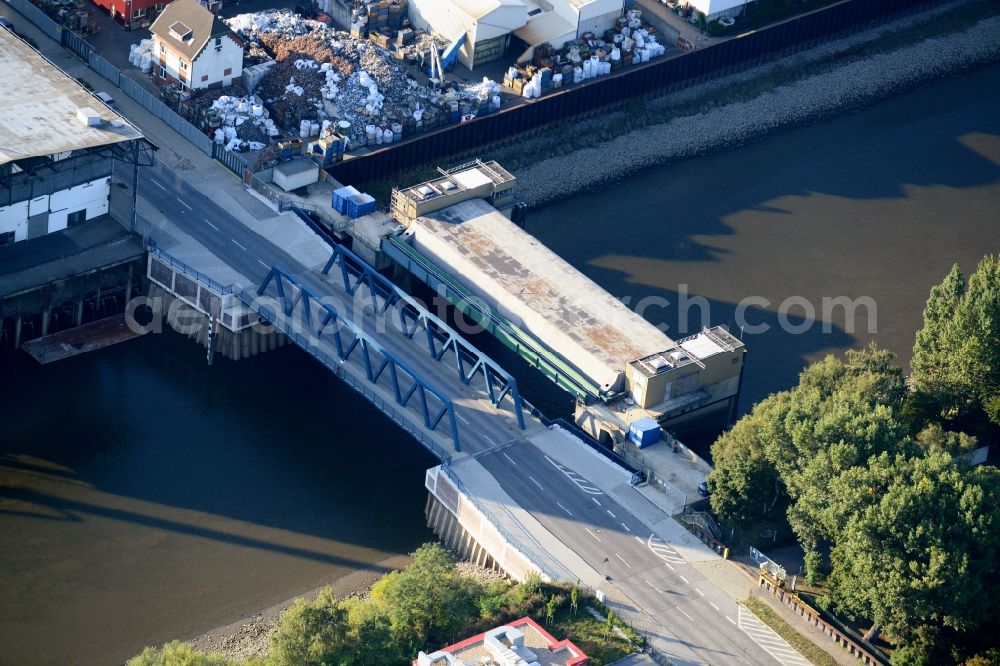 Hamburg from above - Peute bridge and Peute canel barrage in Hamburg-Mitte / Veddel. A project of the Hamburg Port Authority HPA